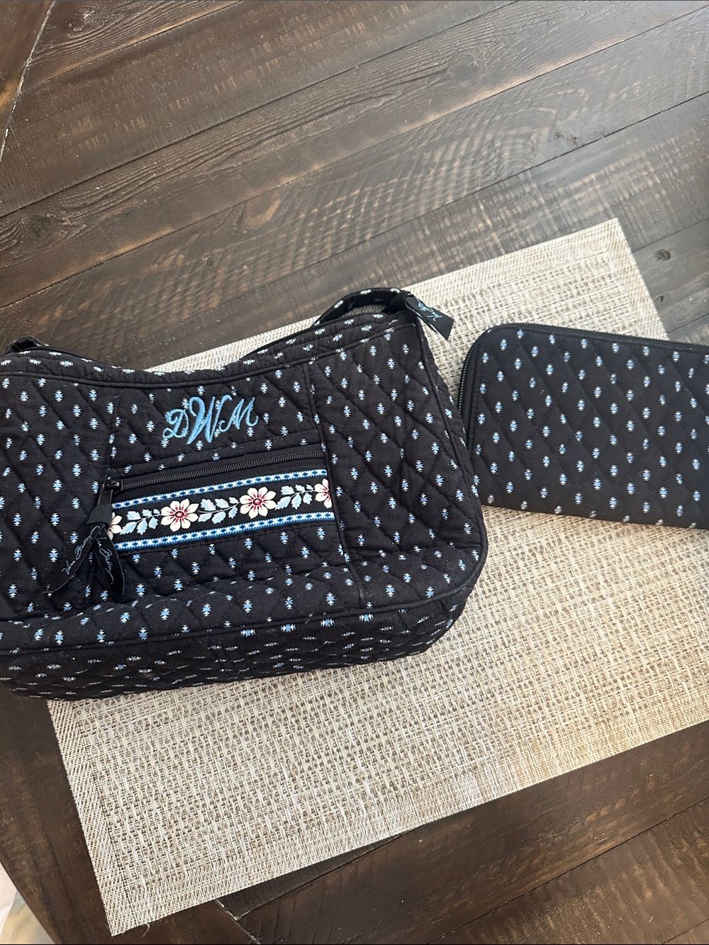 Vera Bradley Black Quilted Cosmetic Bag Set with Blue Floral Trim